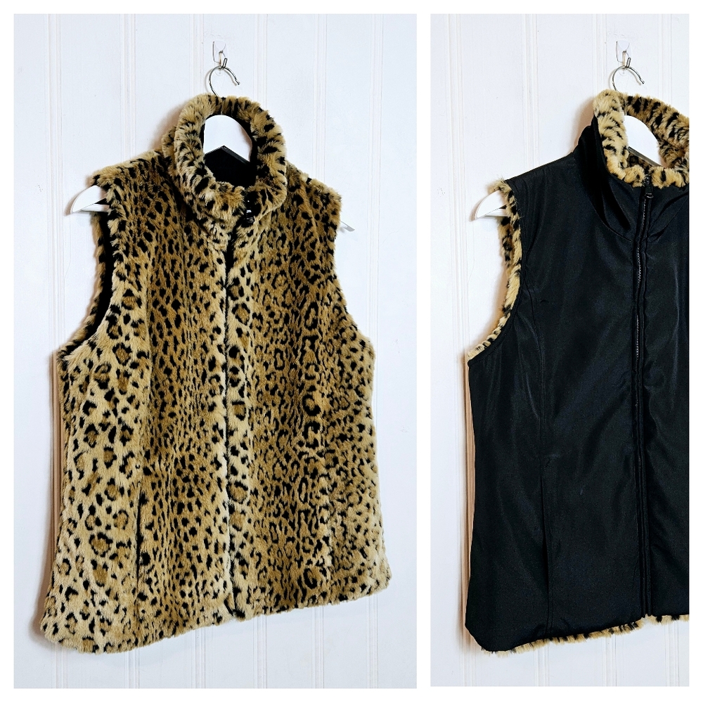 Kristen Blake Vest S Reversible Faux Fur Leopard Cheetah Animal Print Zip Black